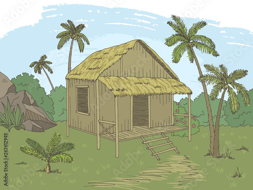 Jungle hut house graphic color landscape sketch illustration vector