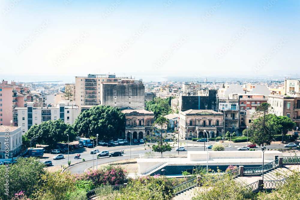 Catania rooftops, aerial cityscape, travel to Sicily, Italy.