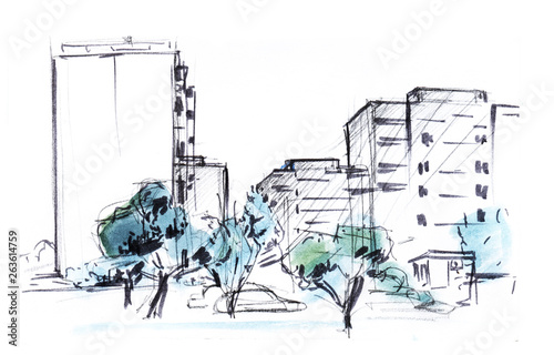Fototapeta Naklejka Na Ścianę i Meble -  A large urban array of apartment buildings in a sleeping block. High gray buildings, rare trees. Hand-drawn sketch illustration.