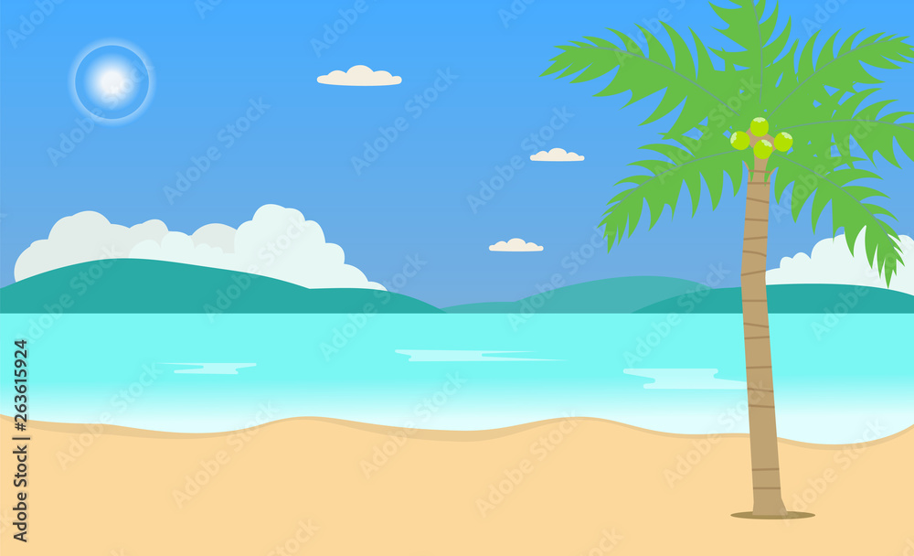 Tropical Beach Travel Holiday Vacation Leisure Nature Concept vector illustration.Beautiful seascape  and sky background.Travel concept.South beach Thailand with bright sun and sky.Vacation scene.