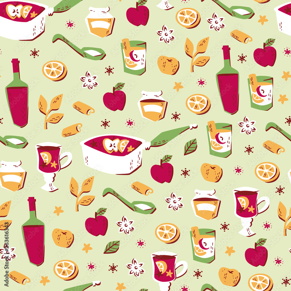 Seamless Pattern with Hand Drawn Hot Mulled Wine. Seamless Pattern with Hand Drawn Hot Mulled Wine.