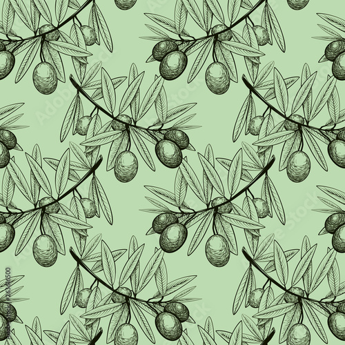 seamless pattern sketch branch of olive tree with fruits