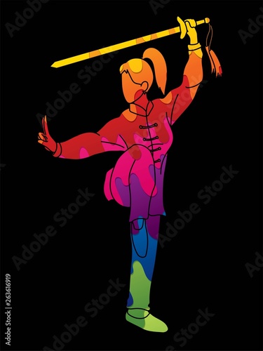 Woman with sword action, Kung Fu pose graphic vector.