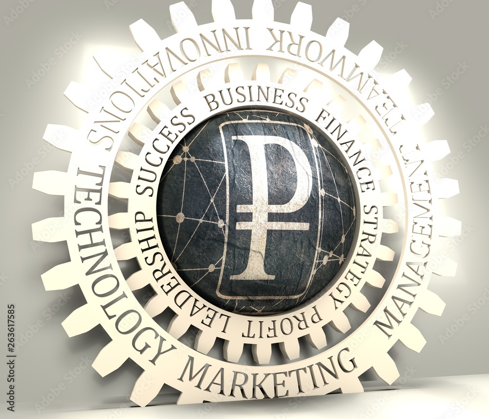 Fototapeta premium Ruble sign. Molecule And Communication Background. Brochure or report design template. Connected lines with dots. 3D rendering