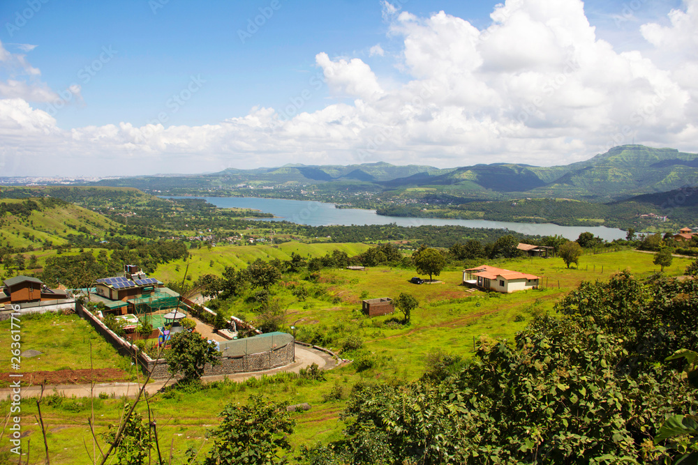 Aerial and scenic view of backwaters of Khadakwasla dam, Sinhagad fort