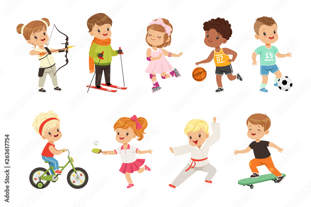 Cute little children playing different sports, soccer, basketball, archery, karate, cycling, roller skating, skateboarding sport vector Illustrations on a white background Cute little children playing different sports, soccer, basketball, archery, karate, cycling, roller skating, skateboarding sport vector Illustrations on a white background