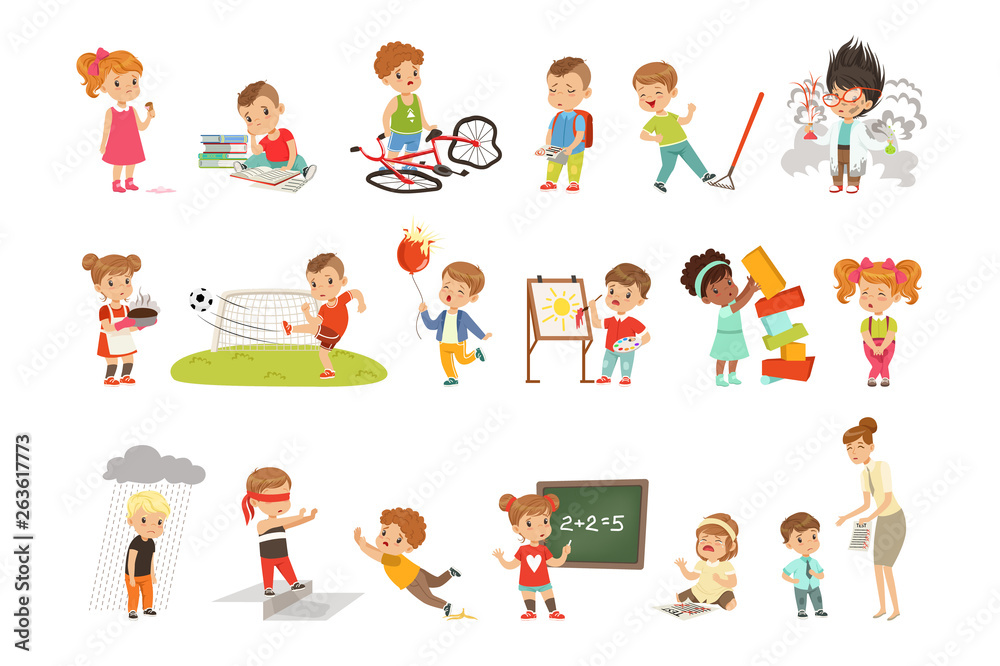 Childrens failures and mistakes set, frustrated kids experiencing their failures vector Illustrations on a white background Childrens failures and mistakes set, frustrated kids experiencing their failures vector Illustrations on a white background