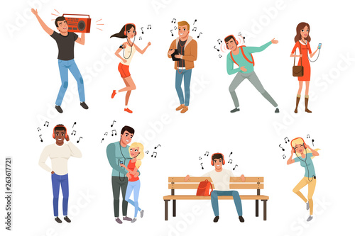 Set with people listening music. Young guys and girls with headphones, smartphones, record player. Flat vector design