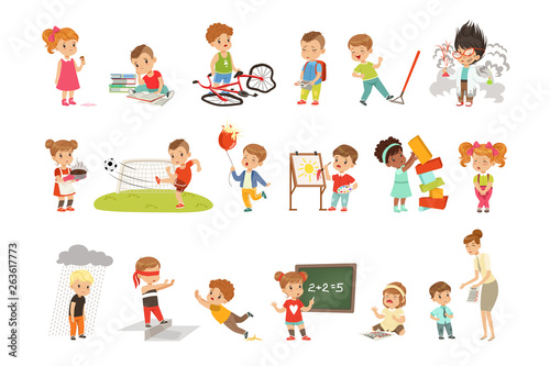 Childrens failures and mistakes set, frustrated kids experiencing their failures vector Illustrations on a white background