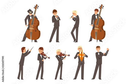 Musicians of symphonic orchestra and conductor, people playing various musical instruments vector Illustration on a white background
