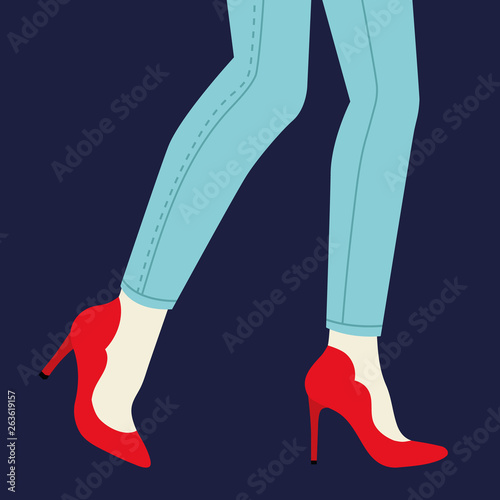 Women legs and feet with stylish colorful footwear (bright shoes). Flat design style. Vector illustration. 