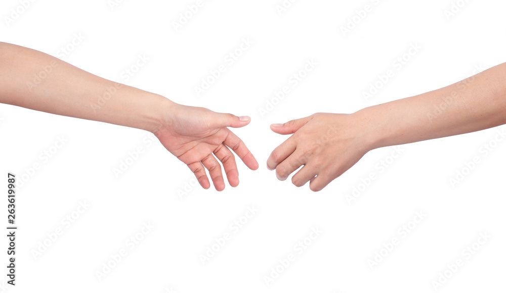 two hands before handshake, isolated on white background