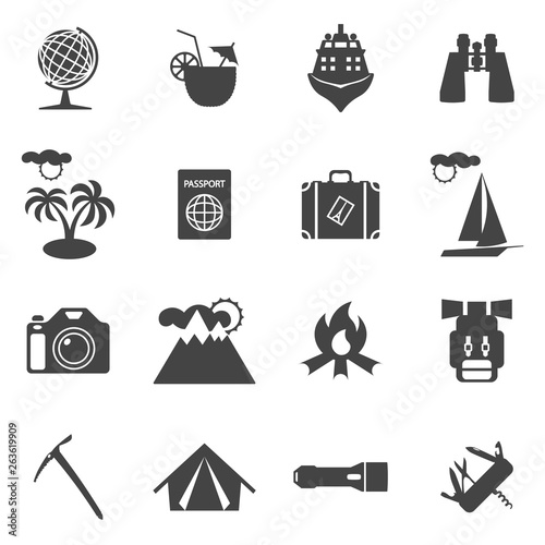Travel and hiking elements silhouette icons set. Vector illustration