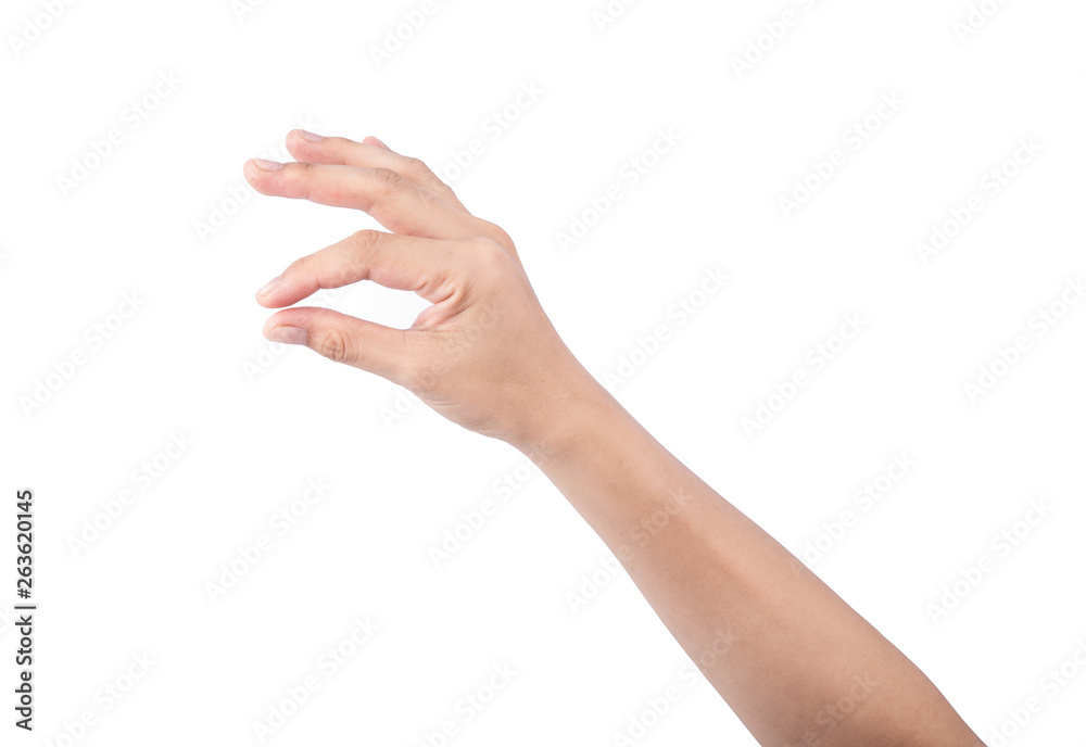 Female hand holding a virtual card with your fingers on a white background