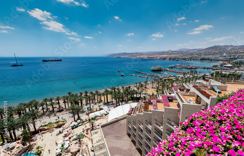 Panoramic view on the central beach of Eilat - famous tourist resort and recr...