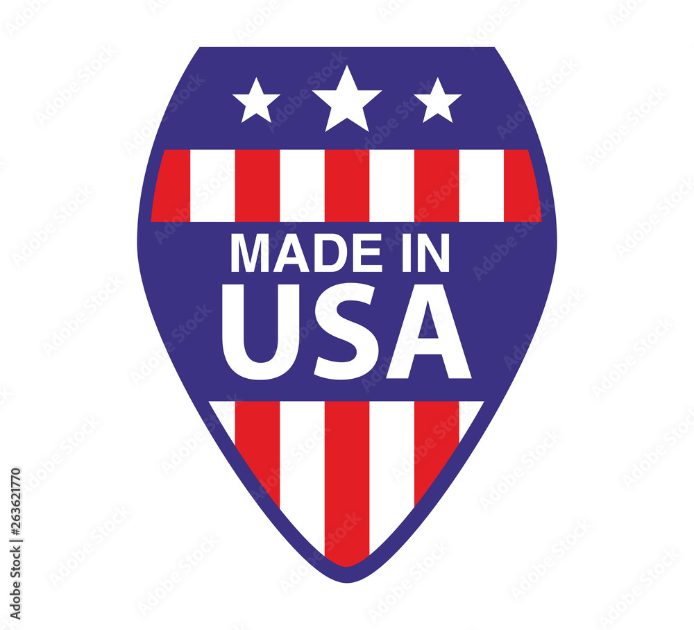 Fototapeta premium Made in USA sign.Shield checkmark color of American flag.Flat vector.Sticker icon emblem.