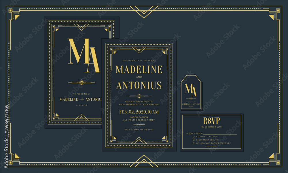 Classic Navy Premium Vintage Style Art Deco Engagement / Wedding Invitation with gold color with frame. Include Thank you Tags and RSVP. Vector Illustration - Vector - Vector