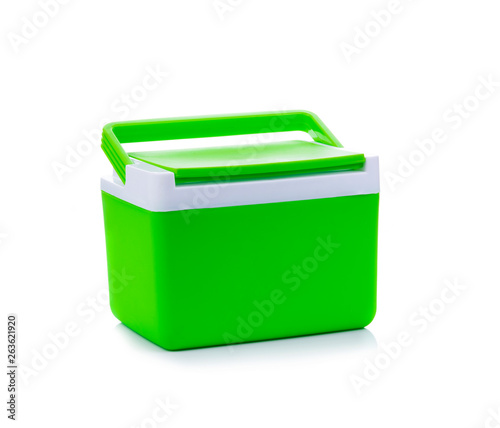 Handheld green refrigerator, ice box on white background