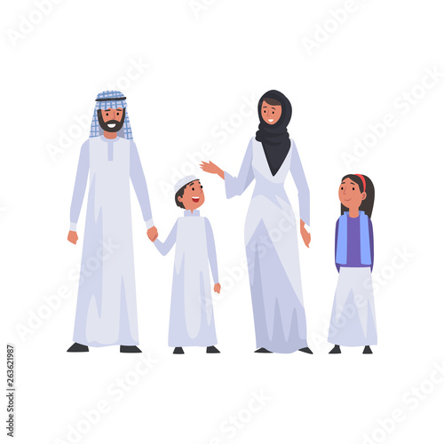 Happy Arab Family in National Clothes, Muslim Parents and Two Children Vector Illustration