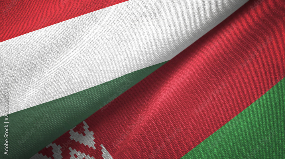 Hungary and Belarus two flags textile cloth, fabric texture