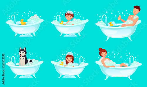 Foam bath. Bathroom tub bathing man, relaxing woman and kids. Dog wash cartoon vector illustration