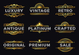 Art deco label. Retro luxury geometric ornaments, vintage ornament frame and hipster decorative lines labels vector illustration set