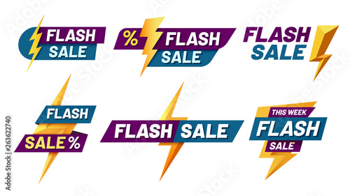 Flash sale badges. Lightning bolt offer, flashes sales badge and trendy shopping offers vector illustration set