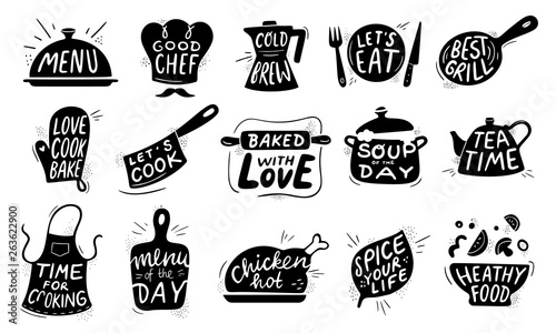 Kitchen food lettering. Gourmet cooking foods badge, chicken recipes cook and restaurant menu letterings vector illustration set photo