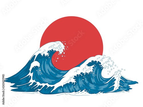 Fototapeta Japońska fala. Japońskie duże fale, szalejący ocean i rocznika ilustracji wektorowych wody morskiej