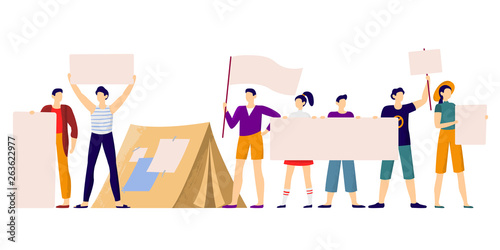 Protesters people. Protest strike, protesting group holding protests banners and protester activist vector illustration