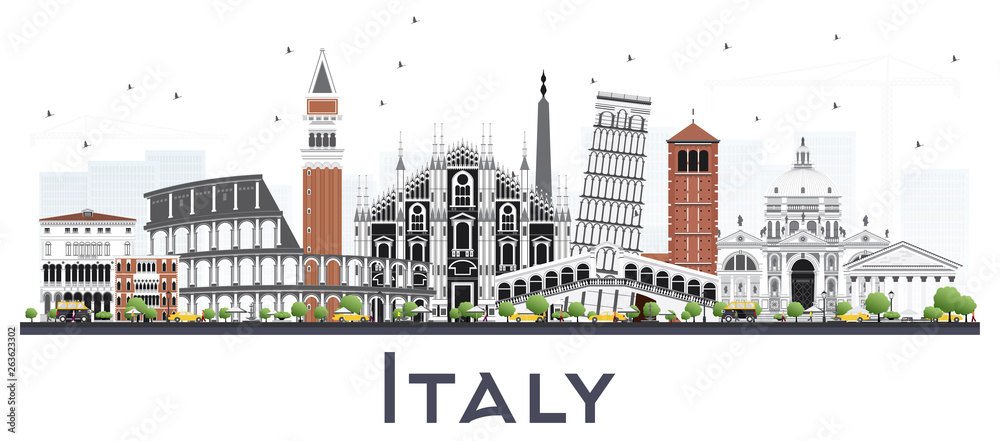 Italy City Skyline with Gray Buildings Isolated on White.