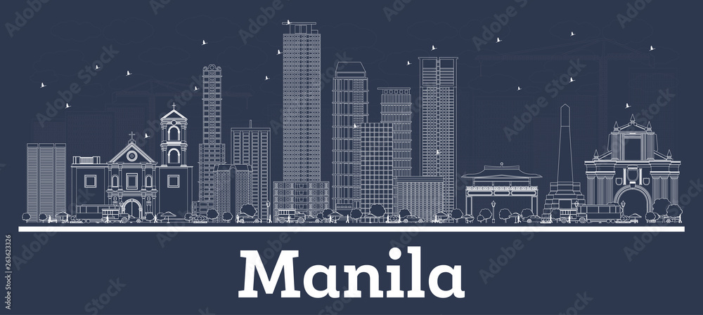 Naklejka premium Outline Manila Philippines City Skyline with White Buildings.