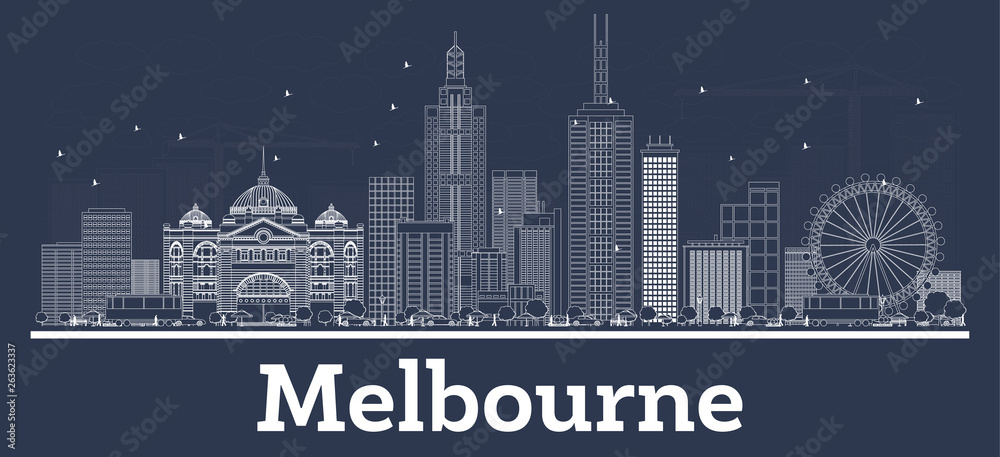 Outline Melbourne Australia City Skyline with White Buildings.