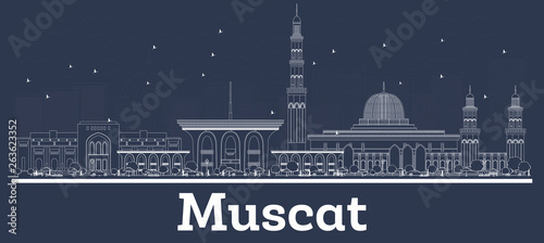 Outline Muscat Oman City Skyline with White Buildings.