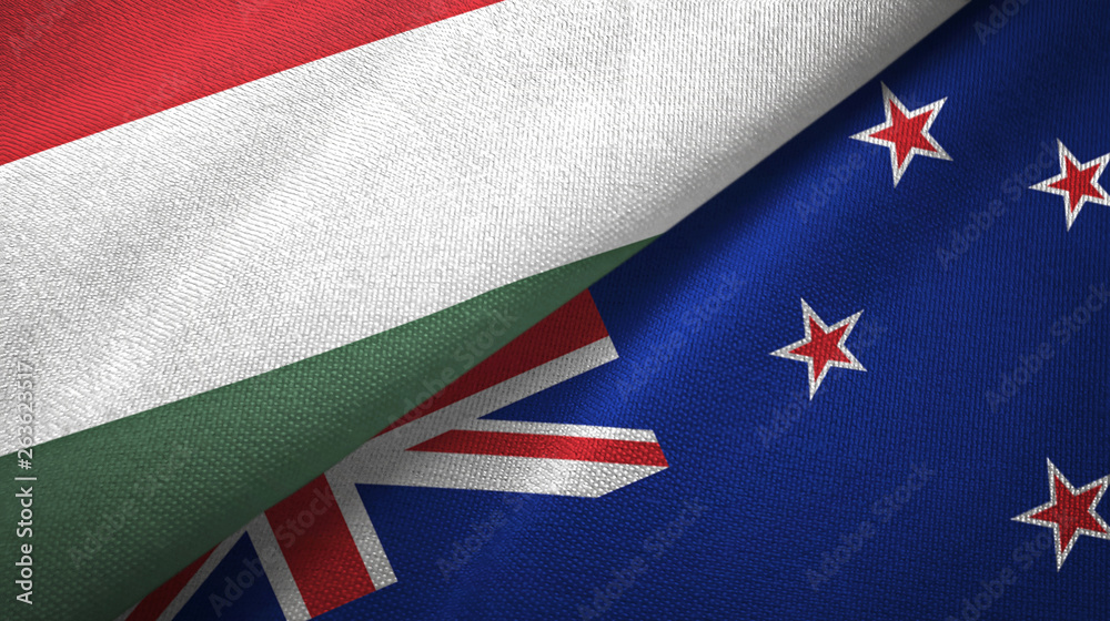 Hungary and New Zealand two flags textile cloth, fabric texture Hungary and New Zealand two flags textile cloth, fabric texture