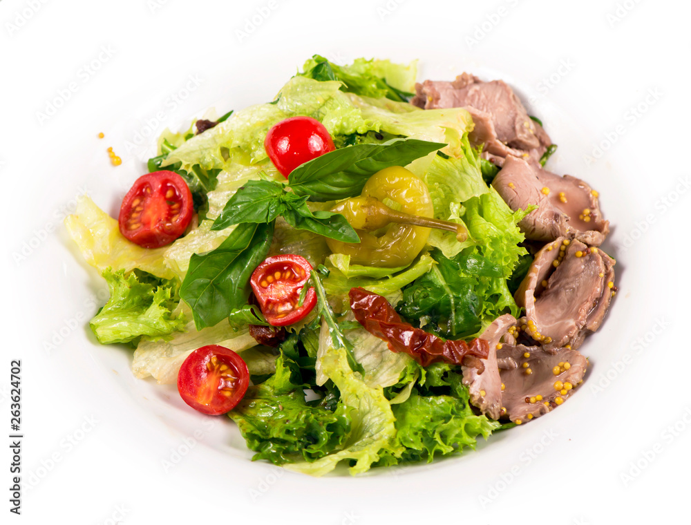 Roast beef salad with tomatoes, and pepper in white plate isolated on white background Roast beef salad with tomatoes, and pepper in white plate isolated on white background