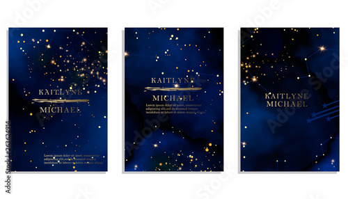 Magic night dark blue sky with sparkling stars vector wedding invitation. Andromeda galaxy. Gold glitter powder splash background. Golden scattered dust.