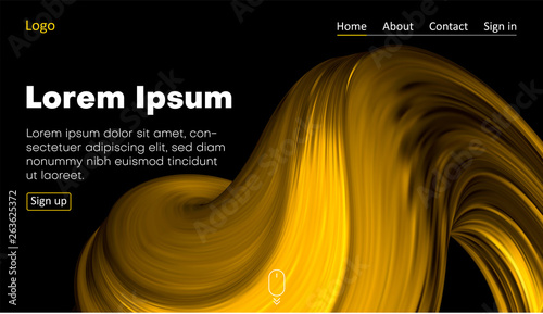 Black web homepage template with icons and abstract yellow brushstroke design.
