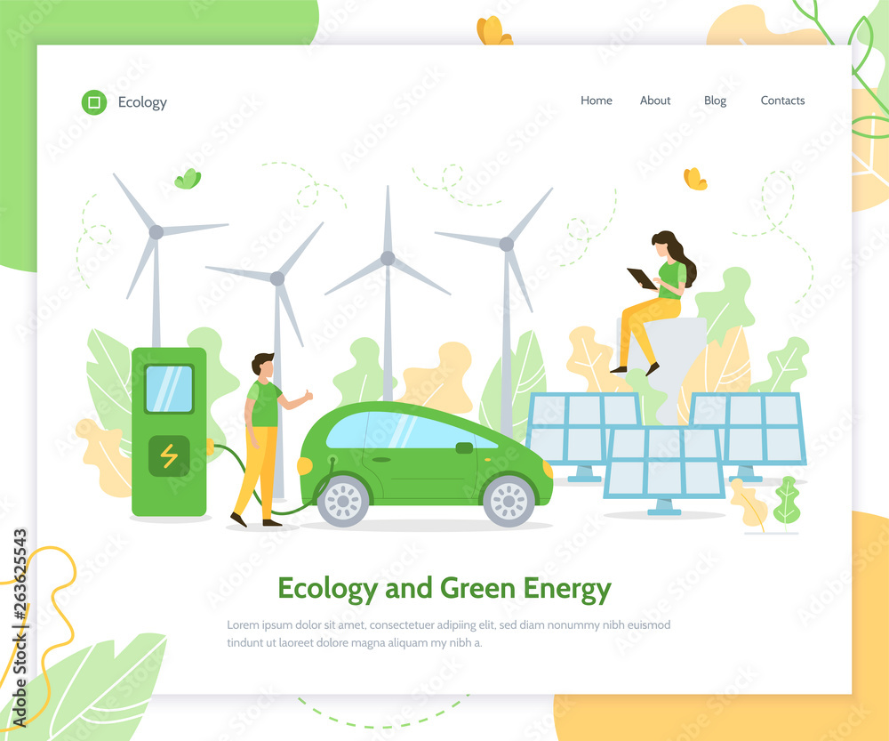 Ecology and green energy. Solar panels, wind turbines and electric car. Landing page template. Flat vector illustration.