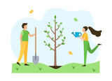 People plant tree in the spring. Ecology concept. Flat vector illustration.
