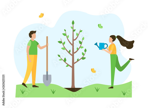 People plant tree in the spring. Ecology concept. Flat vector illustration. © KatyFlaty