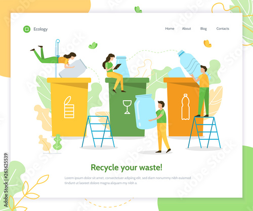 People sort garbage by type into containers for recycling. Web banner design template. Flat vector illustration.