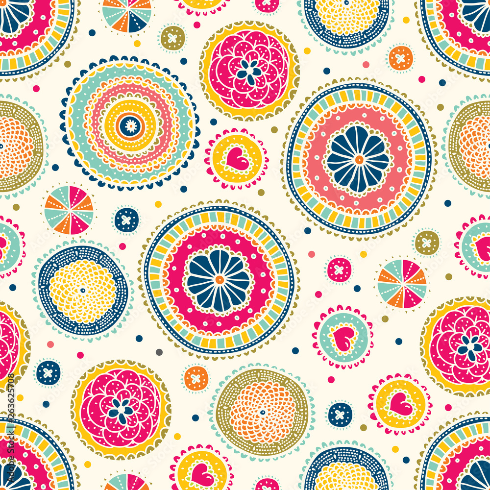 Fototapeta premium Floral seamless pattern with flowers and polka dots. Vector blooming doodle floral texture. Colorful polka dot.