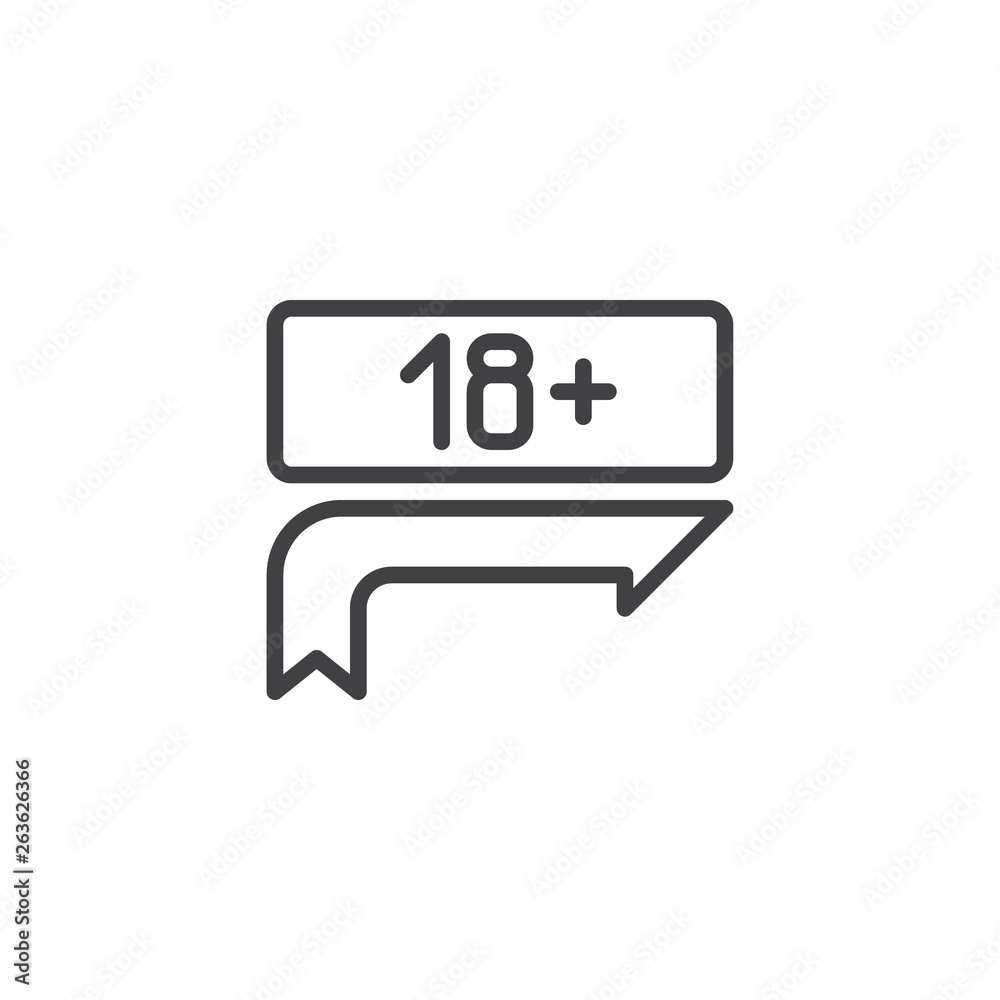 Eighteen plus, age limit, sign line icon. linear style sign for mobile concept and web design. 18 age plus sign outline vector icon. Symbol, logo illustration. Pixel perfect vector graphics Eighteen plus, age limit, sign line icon. linear style sign for mobile concept and web design. 18 age plus sign outline vector icon. Symbol, logo illustration. Pixel perfect vector graphics