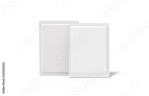 White blank sachet packaging for food, cosmetics and medicines, mock up template on isolated white background, ready for design presentation, 3d illustration