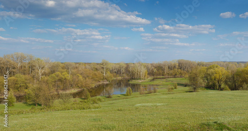 Spring panorama with green hills and river