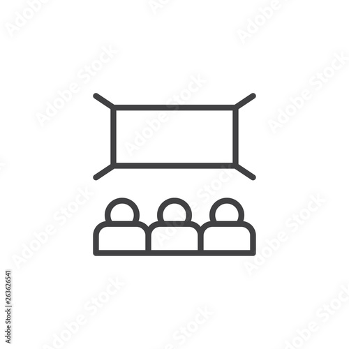 Movie theater line icon. linear style sign for mobile concept and web design. Theater hall with wide blank screen outline vector icon. Symbol, logo illustration. Pixel perfect vector graphics