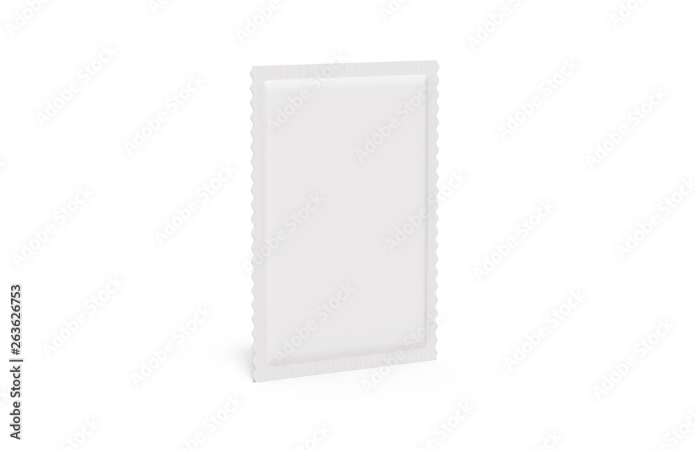 White blank sachet packaging for food, cosmetics and medicines, mock up template on isolated white background, ready for design presentation, 3d illustration White blank sachet packaging for food, cosmetics and medicines, mock up template on isolated white background, ready for design presentation, 3d illustration