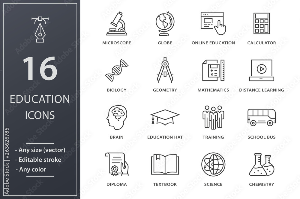 Fototapeta premium Education line icons set. Black vector illustration. Editable stroke.
