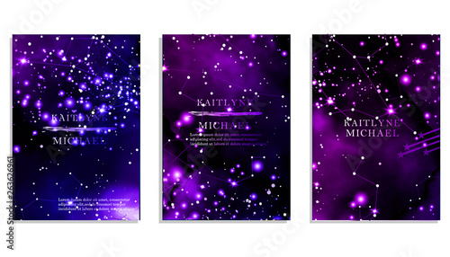 Magic night dark blue sky with sparkling stars vector wedding invitation. Andromeda galaxy. Gold glitter powder splash background. Golden scattered dust.